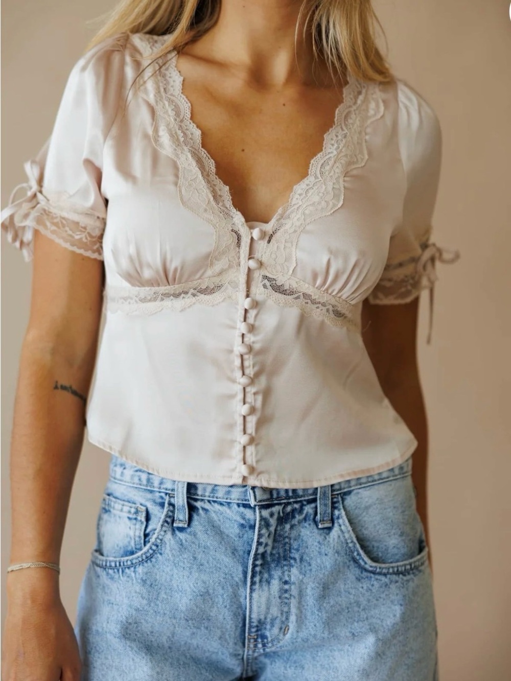 French Kissed Lace-Trim Button Front Satin Blouse - Champagne